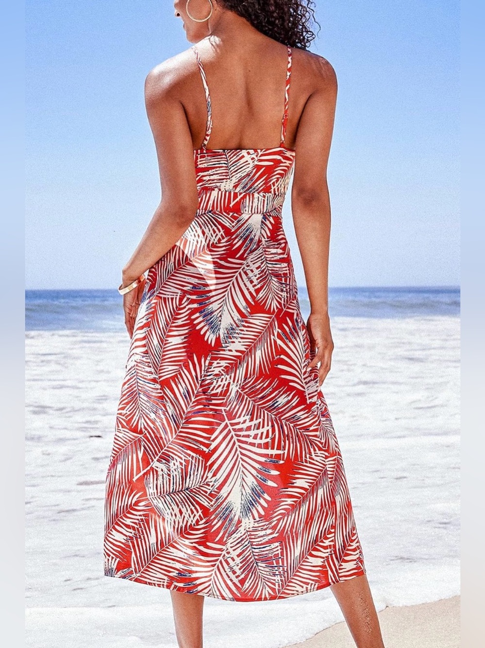 CUPSHE Red Palm Leaf Print Knot V Neck Dress size large - Picture 2 of 7